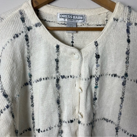 [Dress Barn] Ivory & Gray Plaid Windowpane Ramie Blend Button Down Sweater - Picture 5 of 9